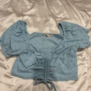 SO Light Blue Eyelet Ruched Puff Sleeve Crop Top